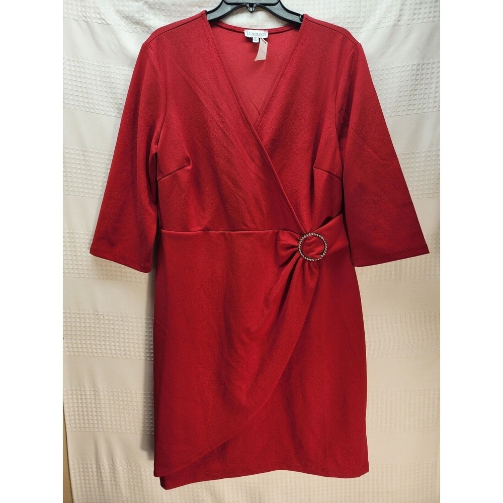 Luxology Womens Red V-Neck 3/4 Sleeve Belted Faux Wrap Mini Dress XL